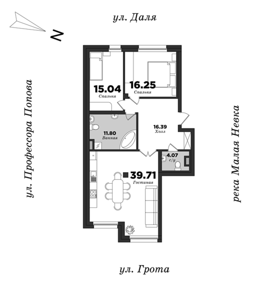 Дом на улице Грота, Корпус 1, 2 спальни, 103.27 м² | планировка элитных квартир Санкт-Петербурга | М16